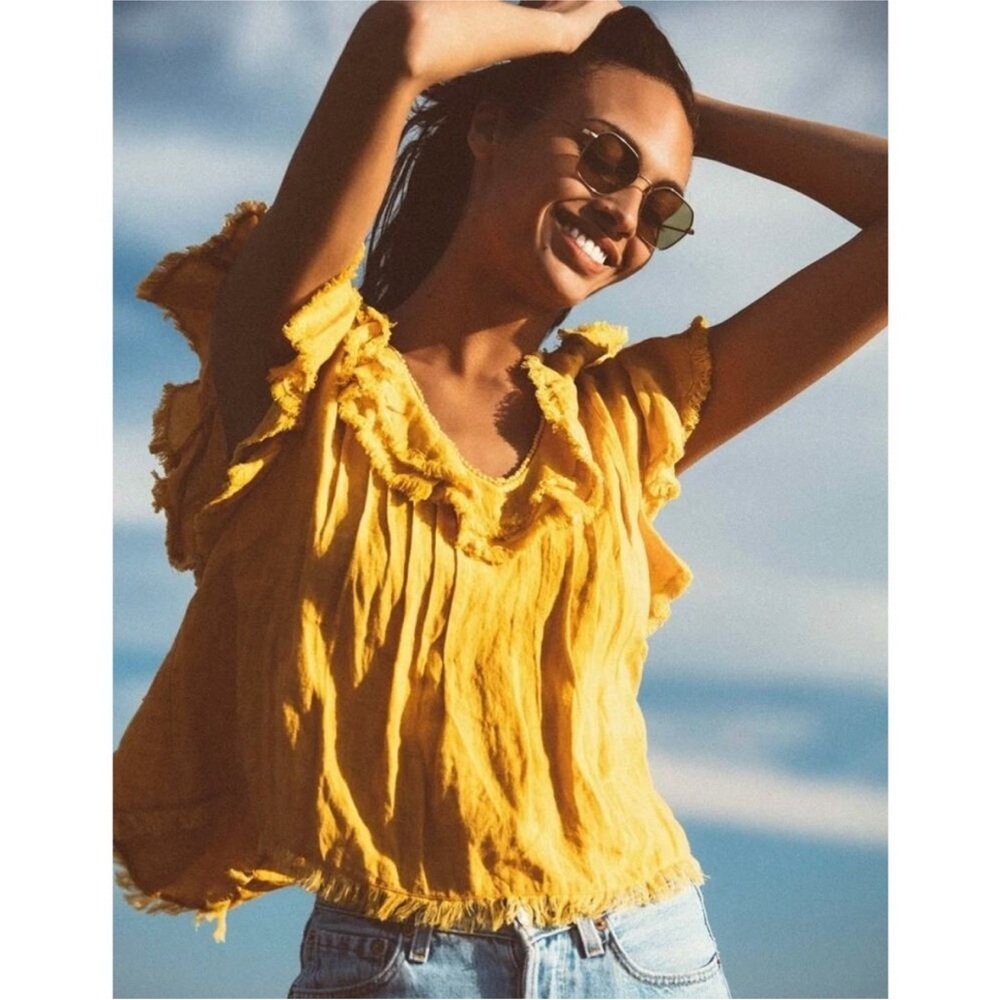 Faherty Mustard Yellow Ruffle Sleeve Cotton Blouse